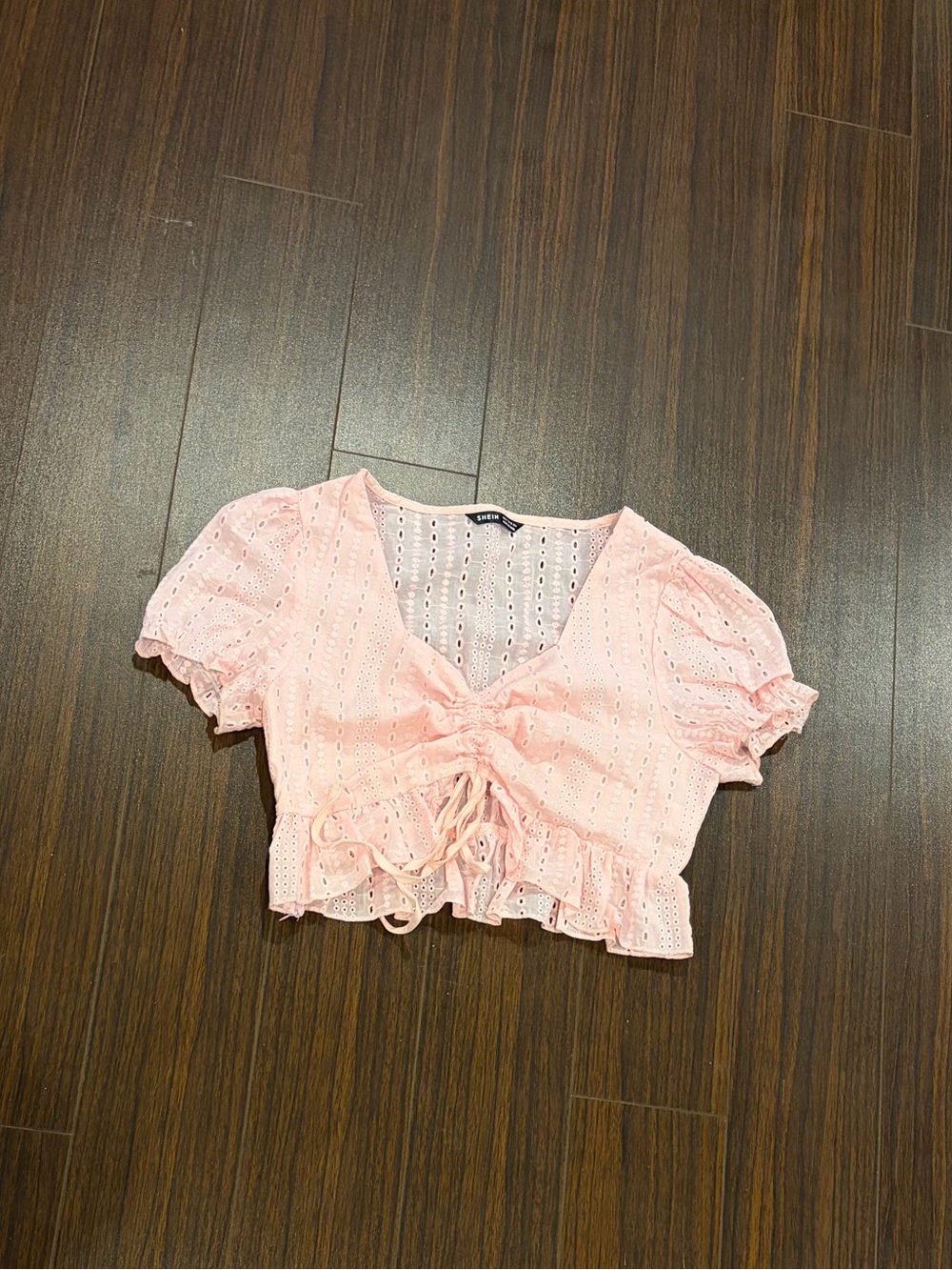 SHEIN Size M Pink Eyelet Drawstring Ruffle Crop Top